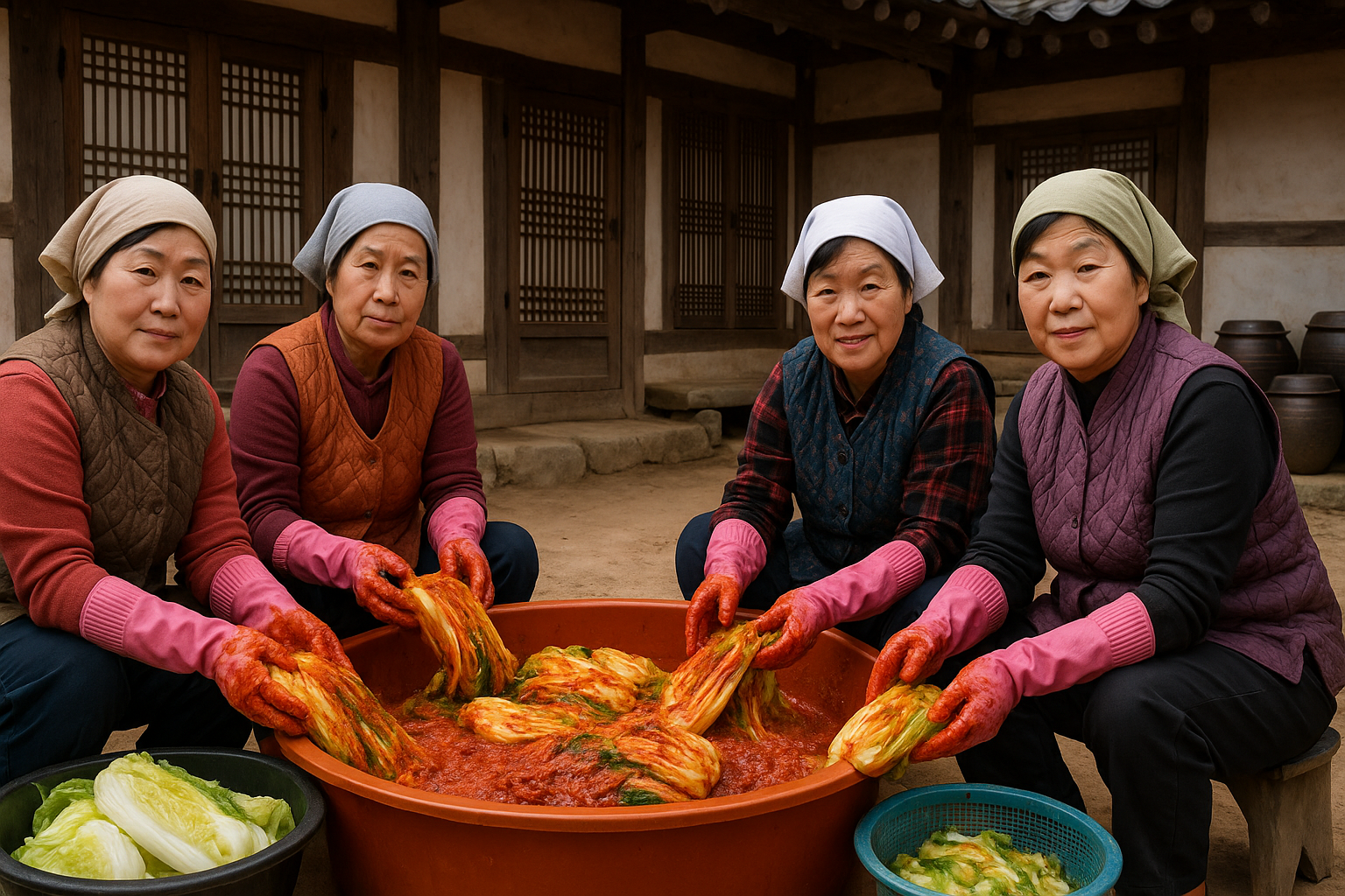한옥 마당에서 김장을 하고 있는 사람들