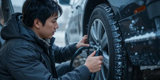 추운 날씨에 타이어 공기 주입하는 운전자