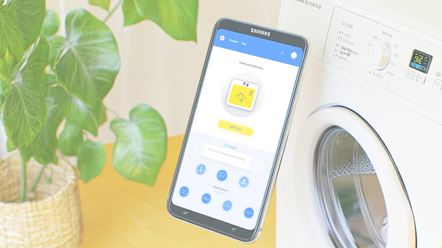 스마트폰에서 SmartThings 앱을 이용해 삼성 세탁기를 제어하는 모습. 깔끔한 인터페이스와 스마트 기능이 돋보임.