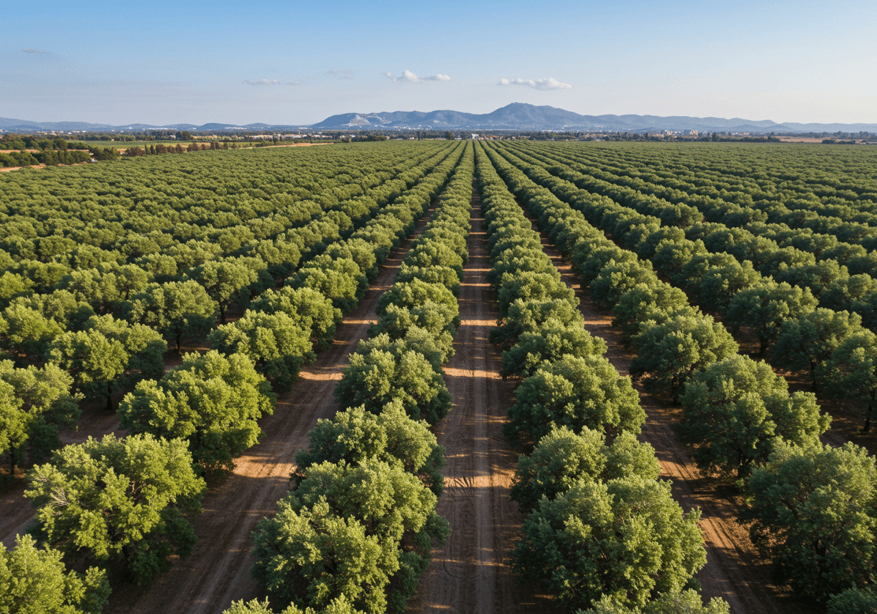 지중해 지역의 올리브나무 농장을 드론으로 촬영한 전경, 끝없이 이어진 올리브밭 풍경
