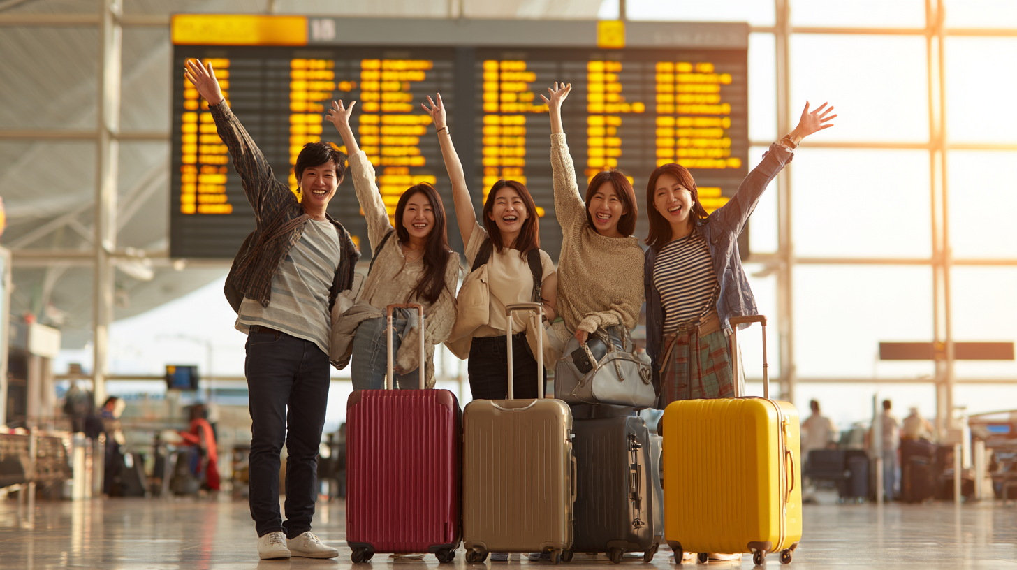 특가 항공권 예약에 성공하고 공항 게이트 앞에서 기뻐하는 한국인 여행객들