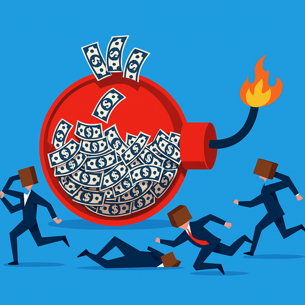 거대한 빨간 돈 폭탄에서 지폐가 쏟아지는 가운데, 정장을 입은 사람들이 공포에 질려 도망치는 모습을 담은 이미지입니다. 돈이 쌓일수록 터질 듯한 압박감과 무의식의 불안을 상징적으로 표현합니다.