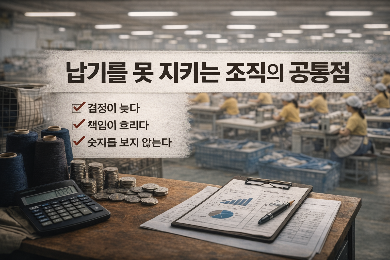 의류 공장을 배경으로 계산기와 재무 문서가 놓인 작업 테이블