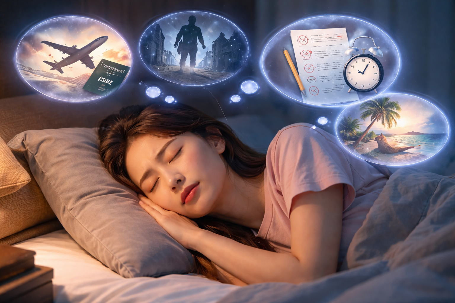 30대 여성이 잠을 자는 동안 꿈을 꾸는 모습을 표현한 수면 이미지