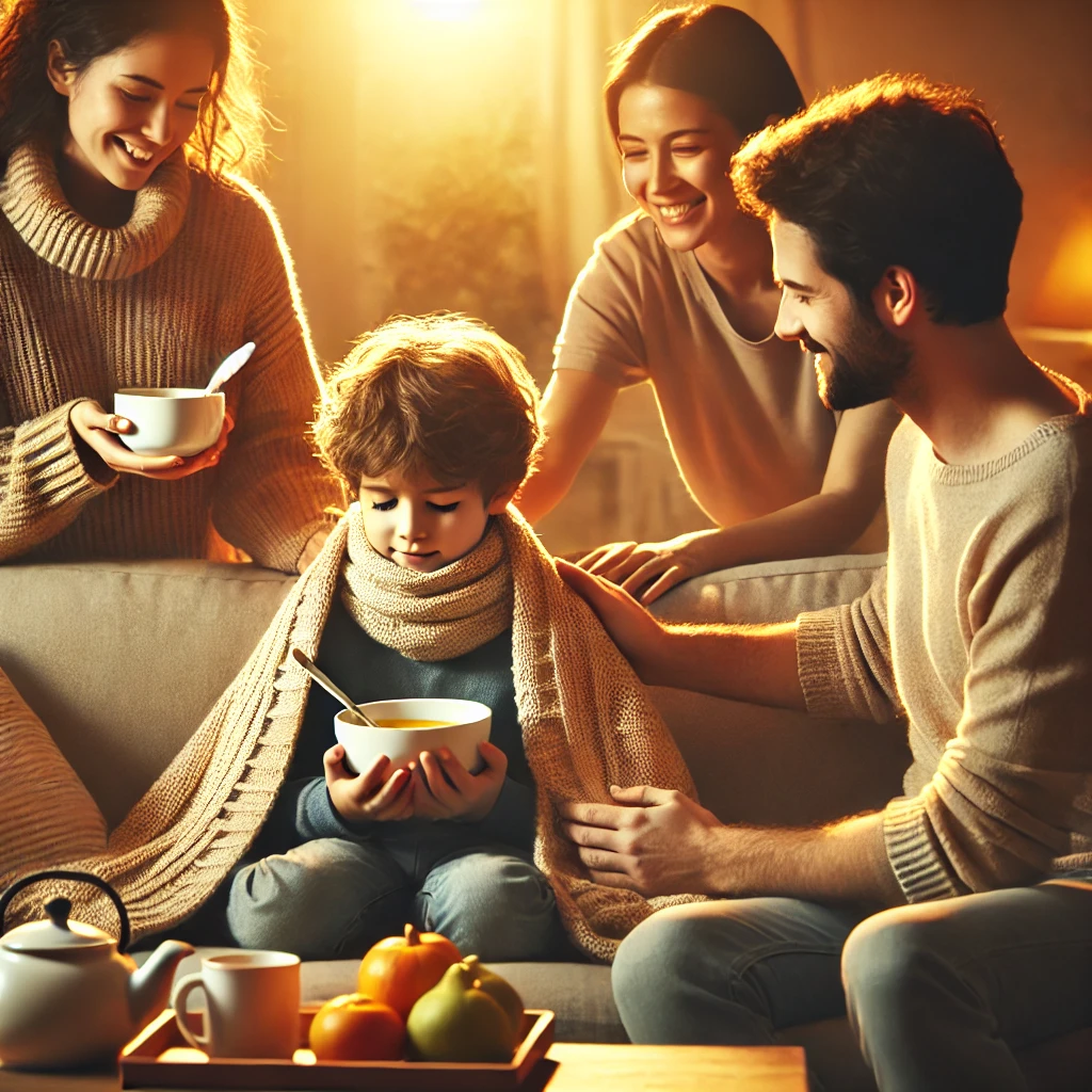 아픈 아이를 돌보며 따뜻한 스프를 가져다주는 가족의 모습