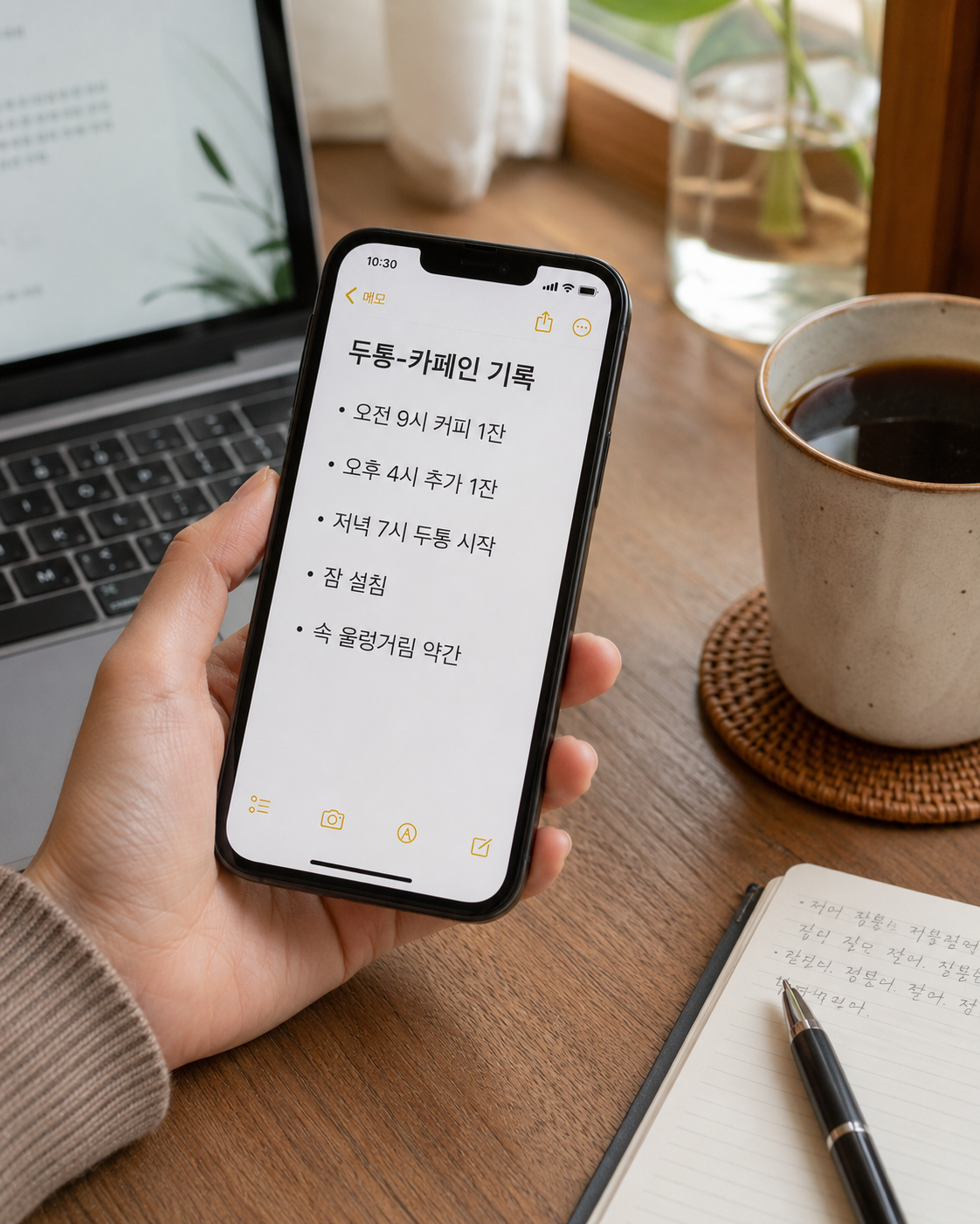 커피 마신 날 두통과 카페인 섭취 흐름을 휴대폰에 기록하는 모습