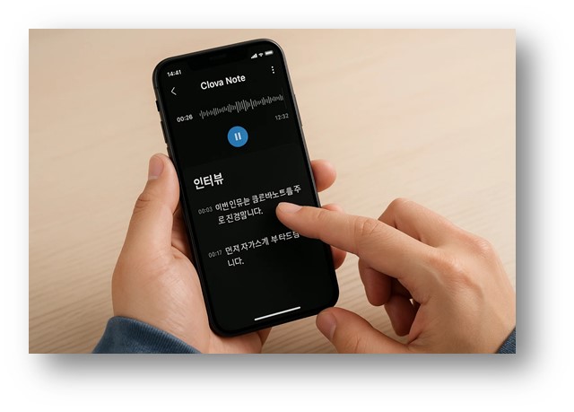 스마트 폰에서 클로버노트 앱을 실행시켜서 인터뷰를 녹음하는 장면