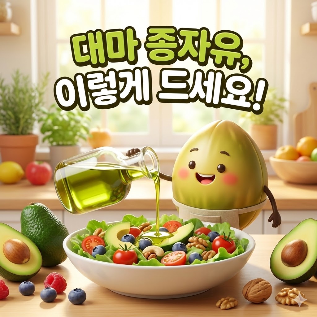 신선한 샐러드에 대마 종자유를 뿌리는 귀여운 캐릭터와 '대마 종자유, 이렇게 드세요!'라는 문구가 있는 3D 카툰 일러스트.