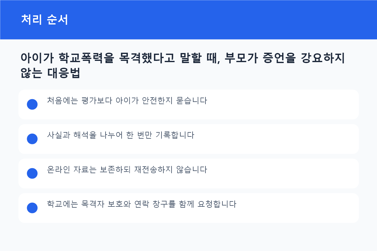아이가 학교폭력을 목격했다고 말할 때, 부모가 증언을 강요하지 않는 대응법 처리 순서 흐름도