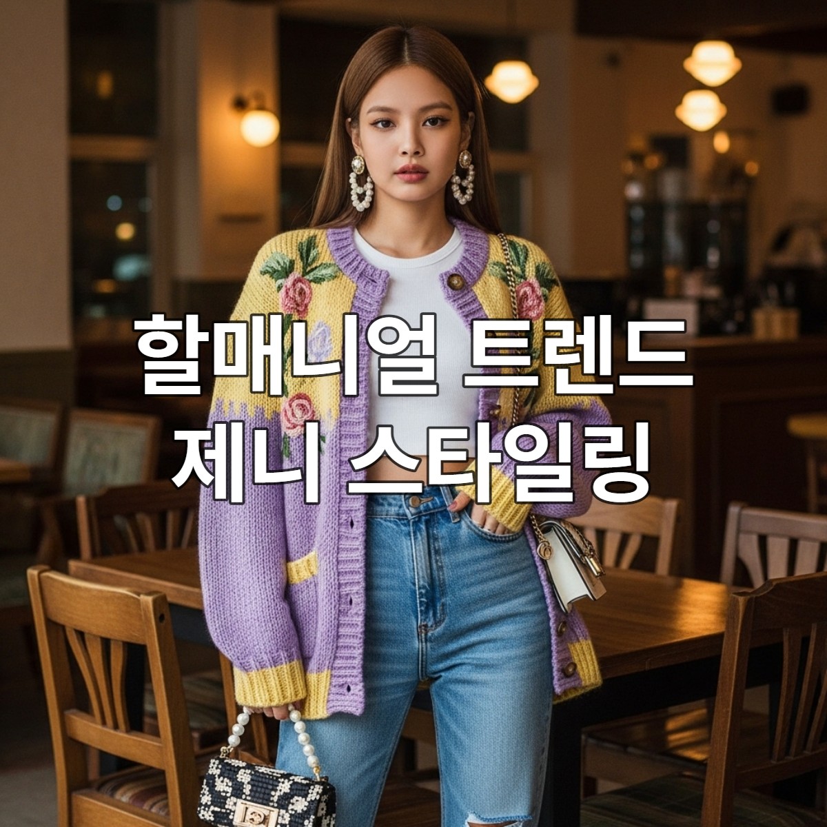 블랙핑크 제니 스타일의 크롭 카디건과 빈티지 니트를 믹스매치한 할매니얼 패션.