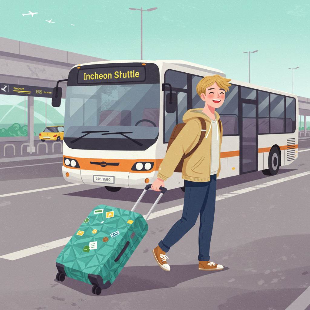 귀여운 플랫 스타일 일러스트로 표현된 인천공항 장기주차장에서 캐리어를 끌고 셔틀버스로 향하는 여행자의 모습, 텍스트 없음 (인천공항 장기주차장, 공항 셔틀)