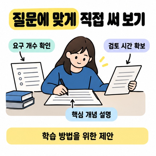 답안을 쓰는 학습자 주변에 요구 개수 확인, 핵심 개념 설명, 검토 시간 확보를 표시하고 학습 방법을 위한 제안이라고 안내하는 그림