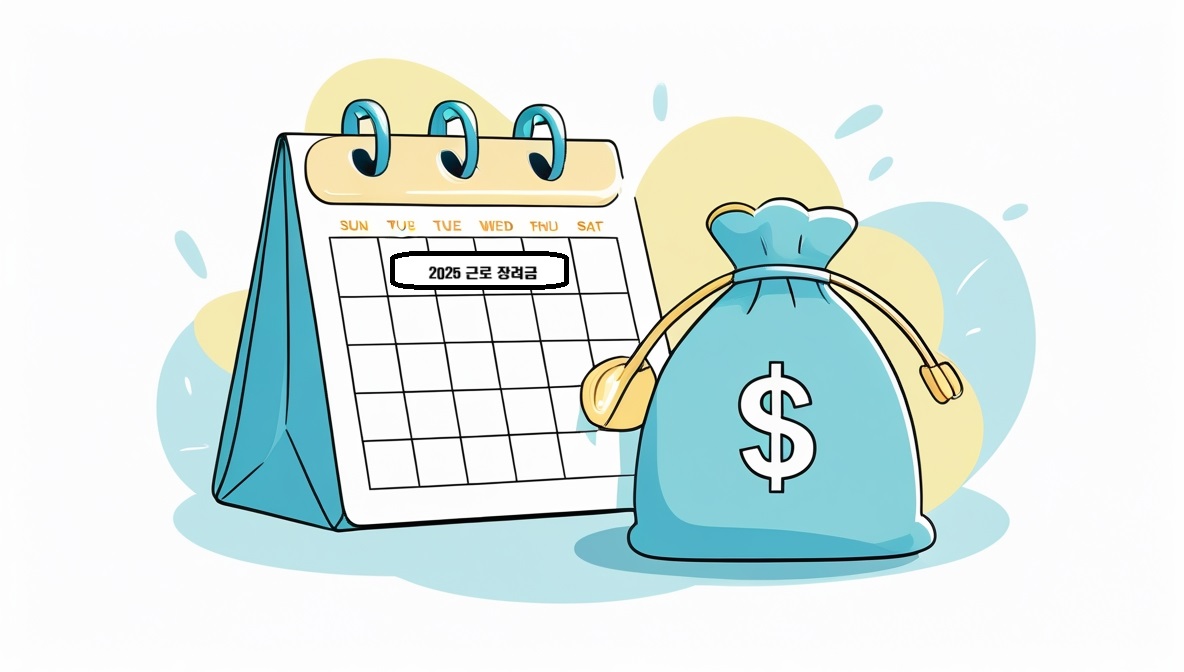 2025년 근로장려금'이라는 문구가 적힌 달력과 함께 돈주머니 아이콘이 있는 밝고 희망찬 이미지