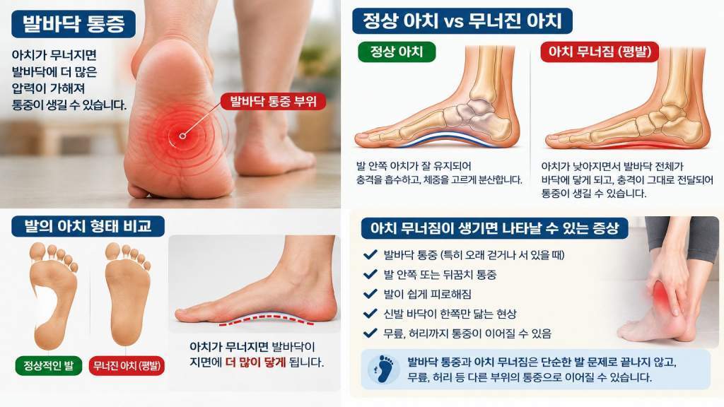 발바닥 통증 발바닥 아치가 정상과 무너짐 비교 사진입니다