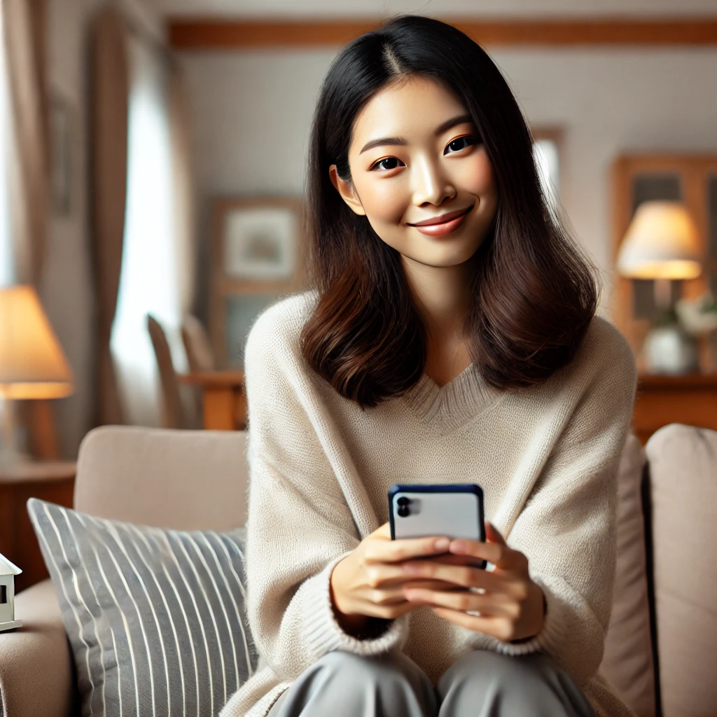 0대 후반의 한국 여성이 집 소파에 앉아 스마트폰으로 별자리 운세 앱을 사용하며 부드럽게 미소 짓는 모습&amp;#44; 아늑한 인테리어 디자인이 배경