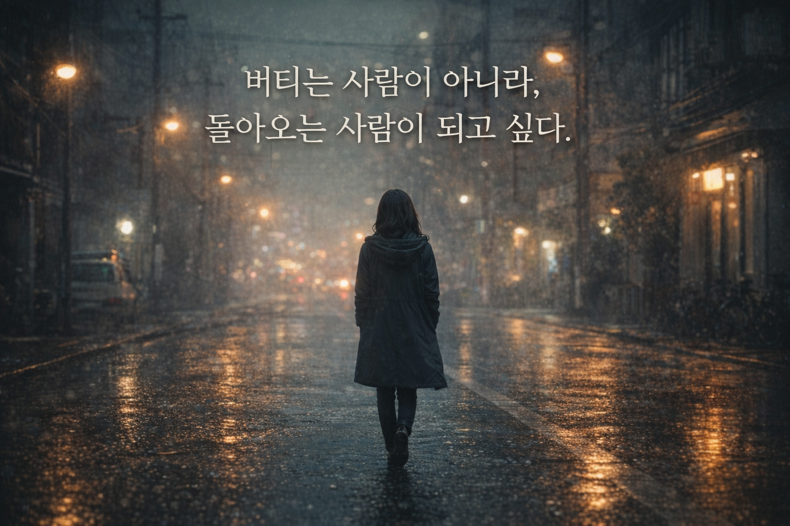 비 오는 밤, 조용한 거리 위를 혼자 걸어가는 여자의 뒷모습