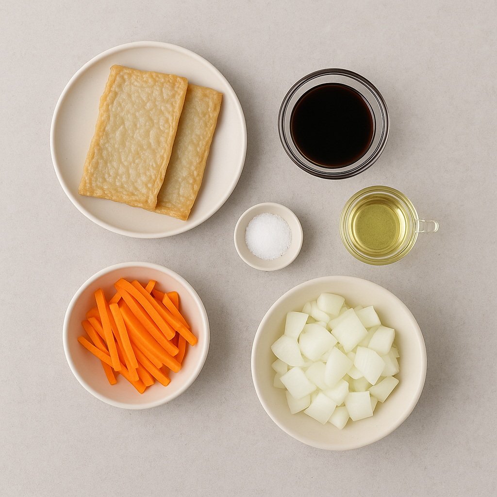 재료: 어묵 2장, 당근 1/4개, 양파 1/4개, 간장 1큰술, 설탕 1작은술, 올리브오일