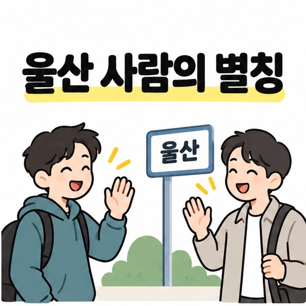 울산 안내 표지 옆에서 반갑게 인사하는 두 사람과 울산 사람의 별칭 안내