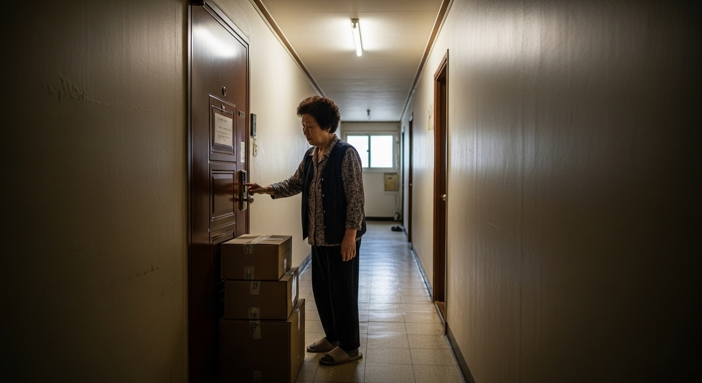 현관 앞에 쌓인 택배 상자를 보고 걱정하며 초인종을 누르는 60대 이웃 여성