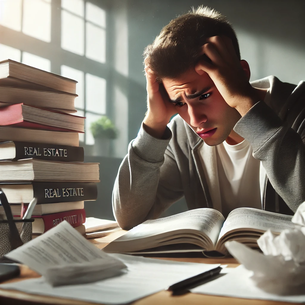 책 속에서 혼란스러워하는 학생