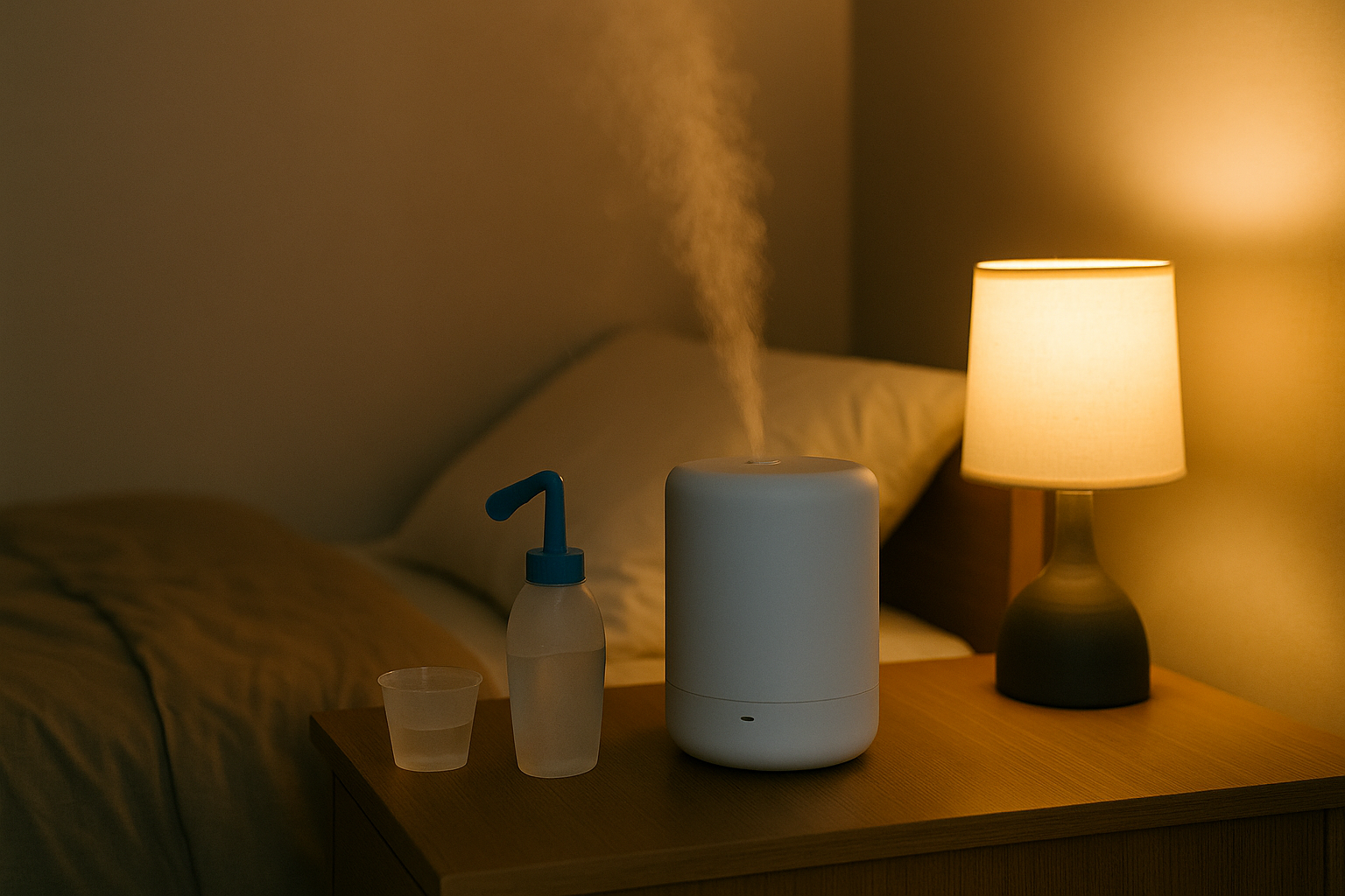 따뜻한 조명 아래 침실 협탁 위 가습기와 코세척병이 놓인 야간 장면—입테이프 없이 숨 편한 밤 루틴을 상징