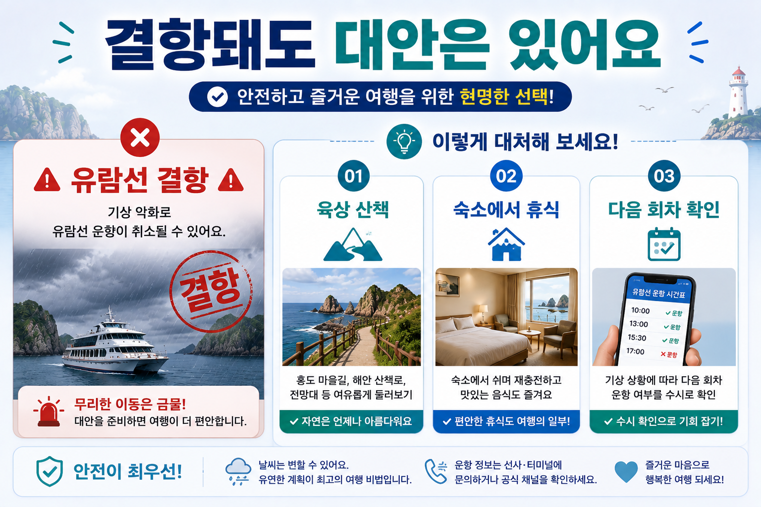 홍도 유람선 결항 시 육상관광과 일정변경 대안을 정리한 이미지