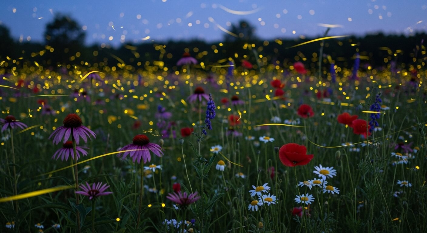 들꽃이 가득한 초원 위로 반딧불이가 날아다니는 모습