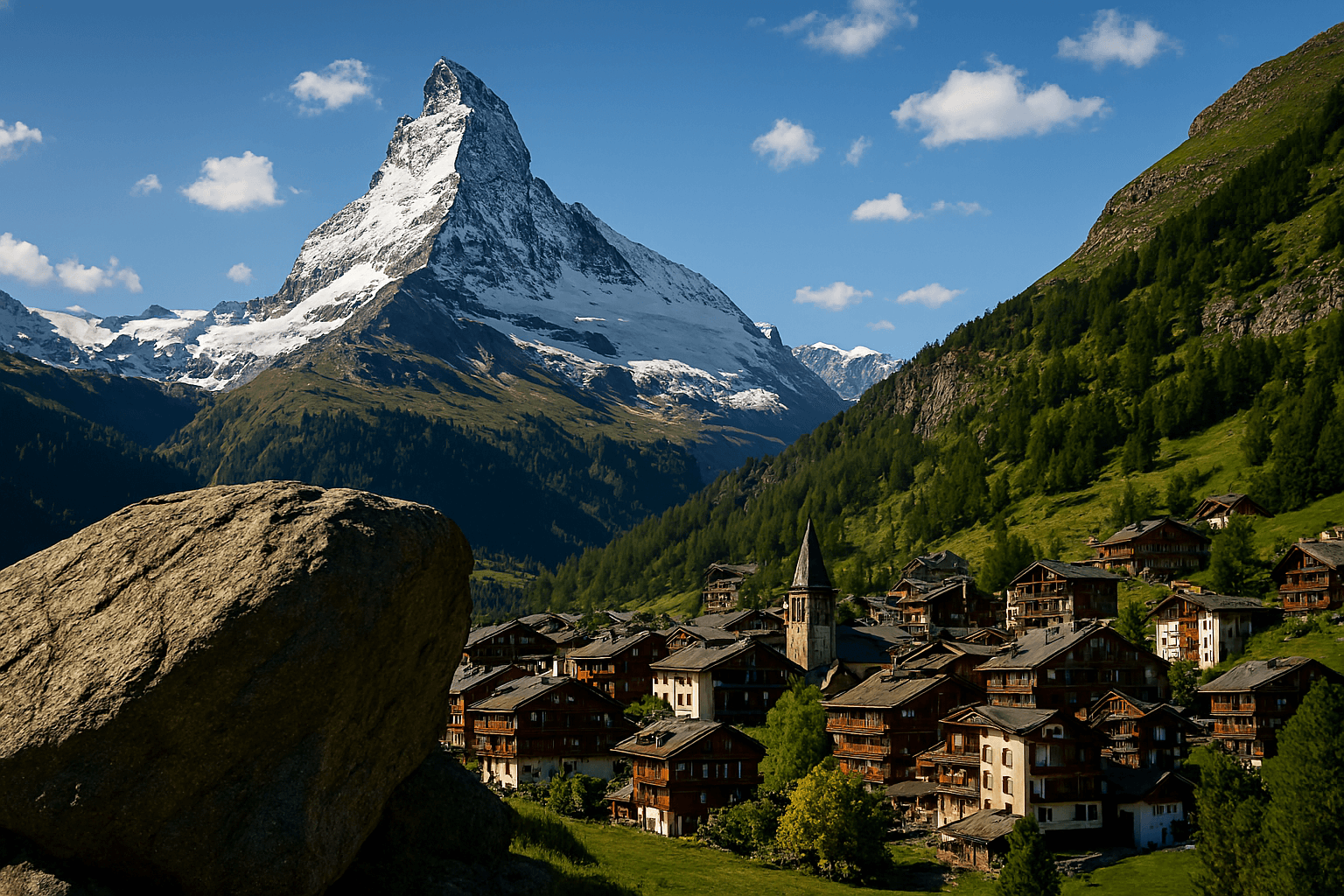 뾰족한 봉우리가 인상적인 마테호른을 배경으로, 아기자기한 목조 가옥들이 옹기종기 모여 있는 체르마트 마을 전경. 평화롭고 아름다운 스위스의 상징적인 풍경이다.