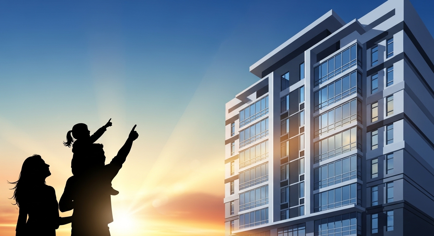 새 아파트 앞에서 행복하게 새 출발을 꿈꾸는 가족의 모습. 청약 당첨과 내 집 마련의 기쁨을 상징.