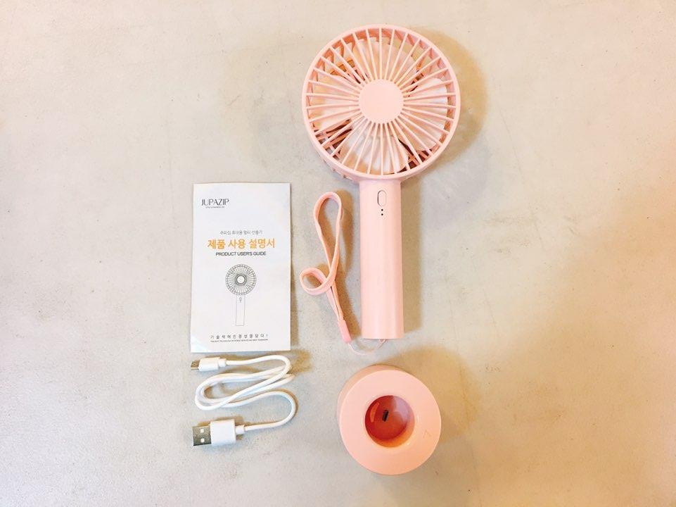 휴대용 선풍기 구성품 전체, 본체&middot;거치대&middot;USB 충전 케이블&middot;스트랩&middot;사용설명서
