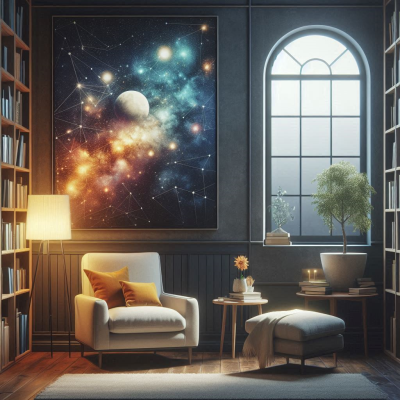 별과 행성이 보이는 우주를 배경으로 아늑한 방의 창문