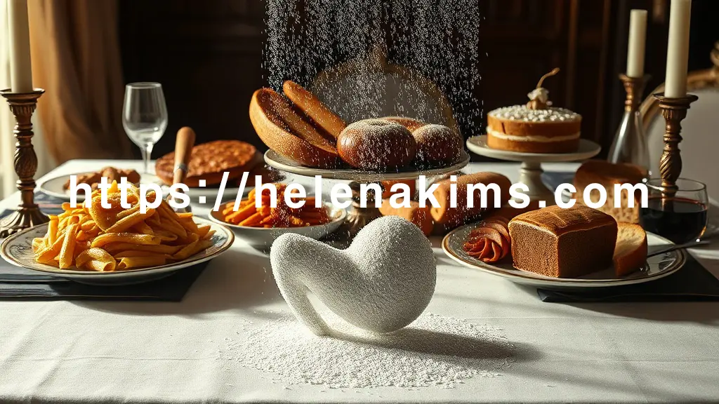 따뜻하고 먹음직스러운 파스타, 갓 구운 빵, 달콤한 케이크가 놓인 식탁. 그 아래 그림자처럼 비치는 인간 췌장 실루엣 위로 설탕 결정들이 마치 모래처럼 흘러내리는 모습.