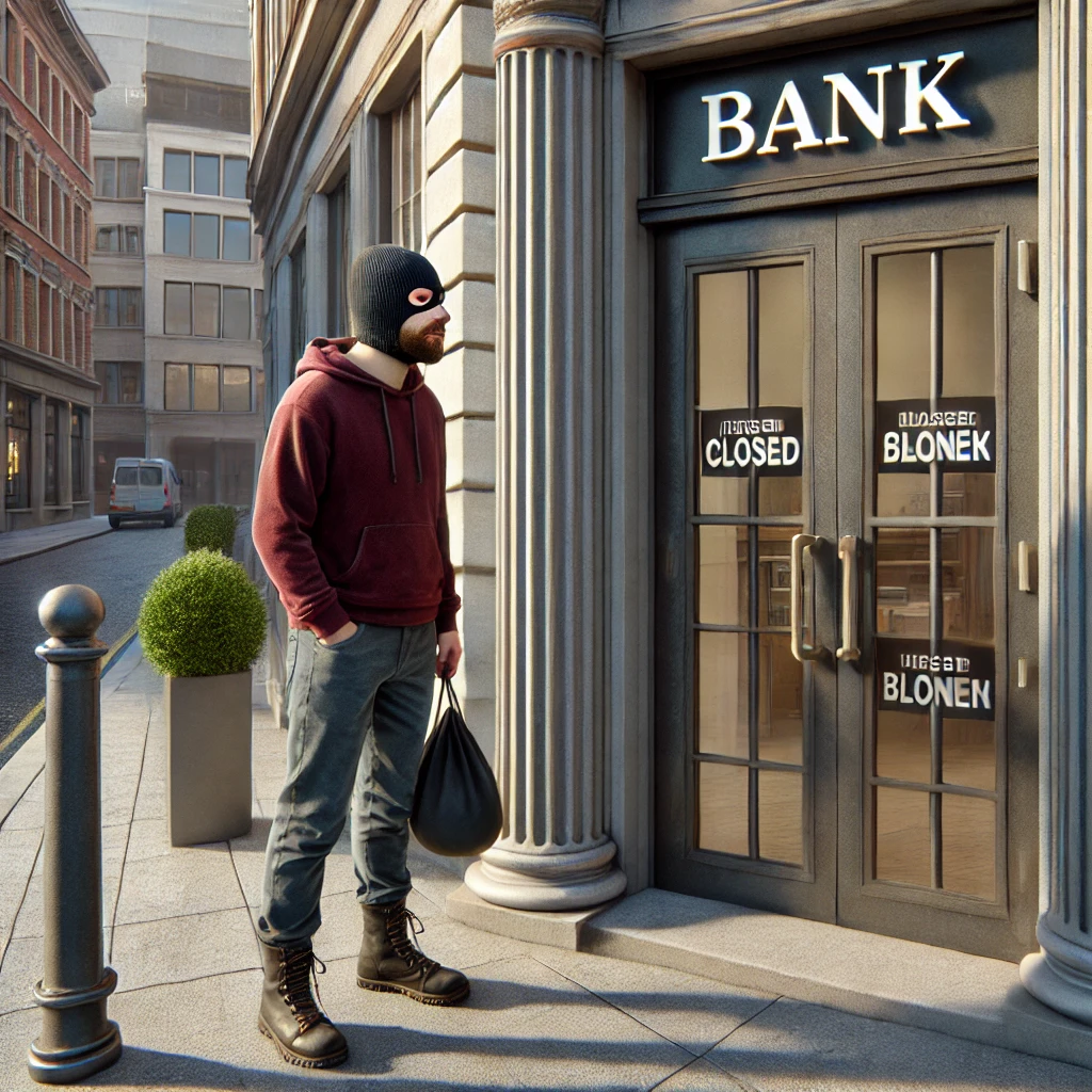 강도가 은행 앞에서 문이 닫힌 걸 보고 실망한 표정을 짓는 장면. 아이러니한 분위기 연출.