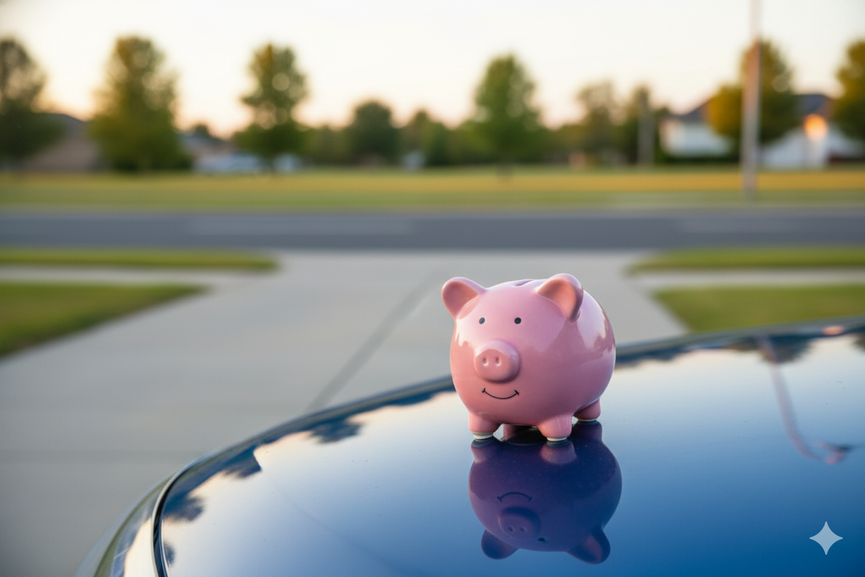 자동차 보닛(차체) 위에 있는 분홍색 돼지저금통