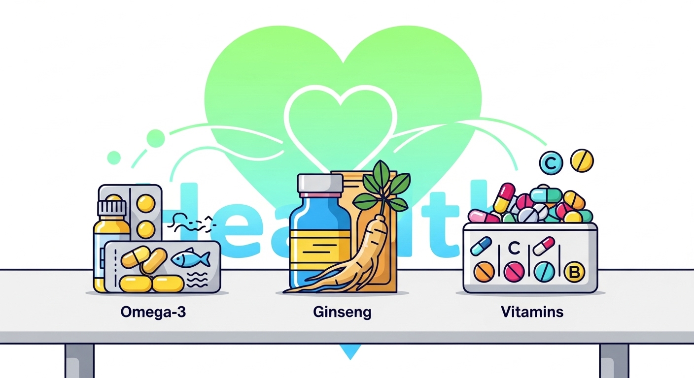 오메가-3, 홍삼, 비타민 등 다양한 건강 기능 식품들이 깔끔하게 진열된 인포그래픽.