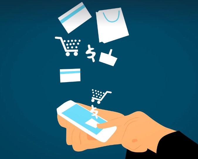 스마트폰을 통한 모바일 쇼핑과 온라인 판매 흐름을 나타내는 그림