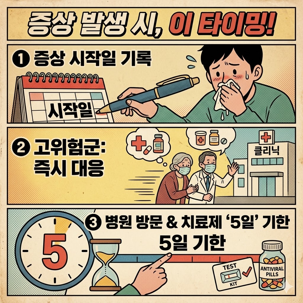 코로나 BA3.2 증상 발생 시 대응 타이밍을 설명한 인포그래픽, 증상 시작일 기록&middot;고위험군 즉시 대응&middot;5일 이내 병원 방문과 치료제 검토 내용