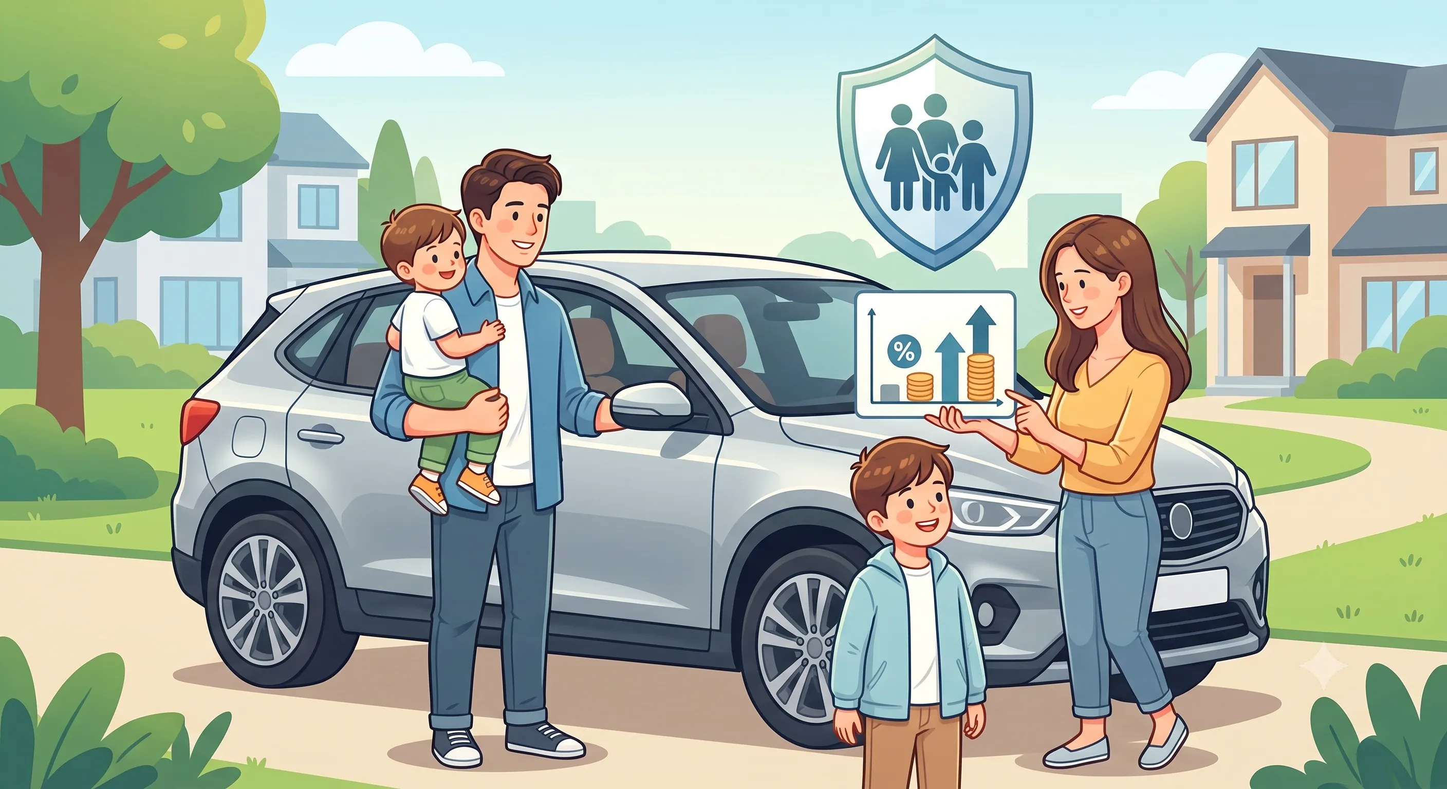 은색 SUV 차량 앞에 서 있는 4인 가족의 일러스트. 남편은 어린 아들을 안고 있고, 아내는 할인율과 그래프가 그려진 안내판을 가리키고 있다. 가족들의 머리 위에는 가족을 보호하는 아이콘이 그려진 푸른색 방패 모양이 떠 있다.