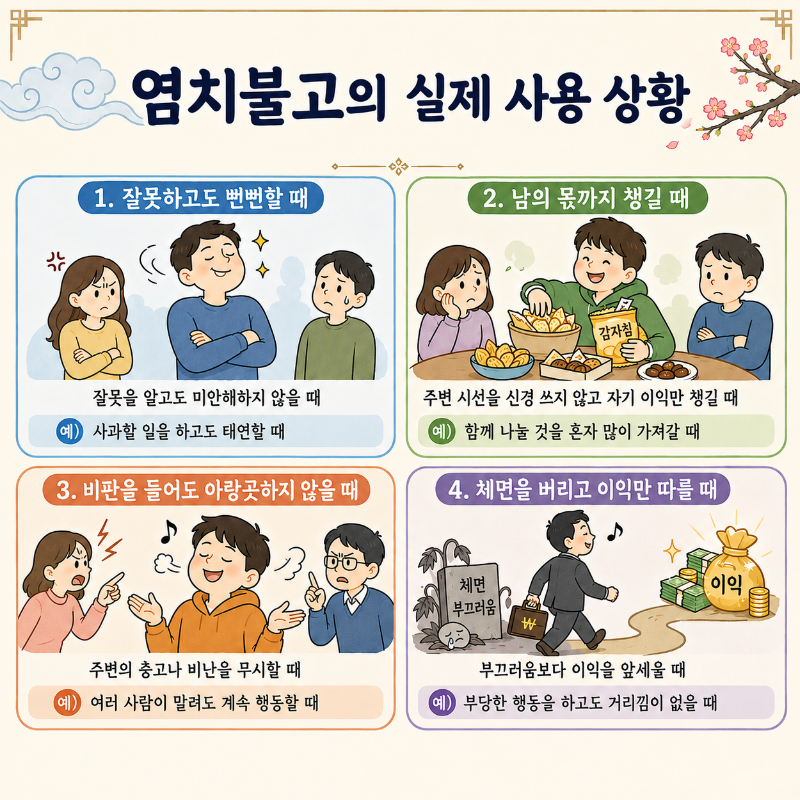 염치불고 뜻과 실제 사용 상황을 정리한 마무리 이미지