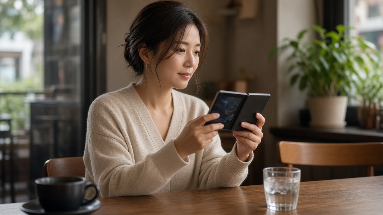 카페에서 펼친 폴더블 화면으로 영상을 보는 30대 한국인 여성