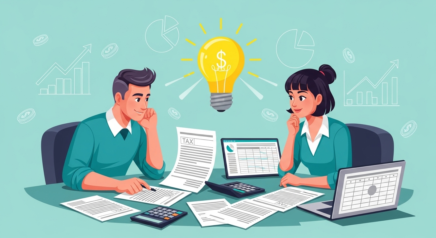 2025년 개정 세법에 따라 연말정산 준비하는 직장인과 자영업자가 세금 서류와 계산기를 보며 절세 전략을 논의하는 모습