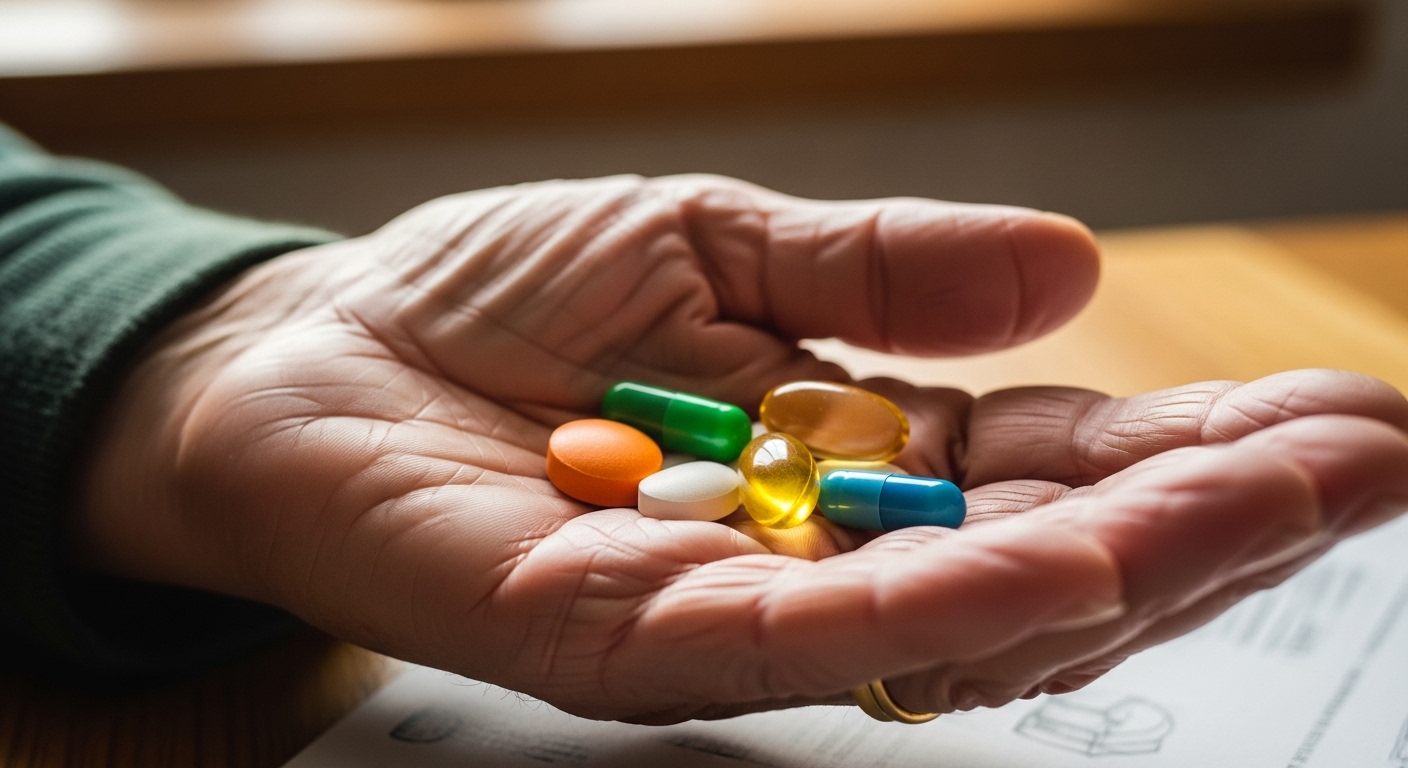 노인의 손이 다양한 색깔의 영양제 알약을 신중하게 들고 있는 모습. 영양제 선택의 신중함을 나타냅니다.