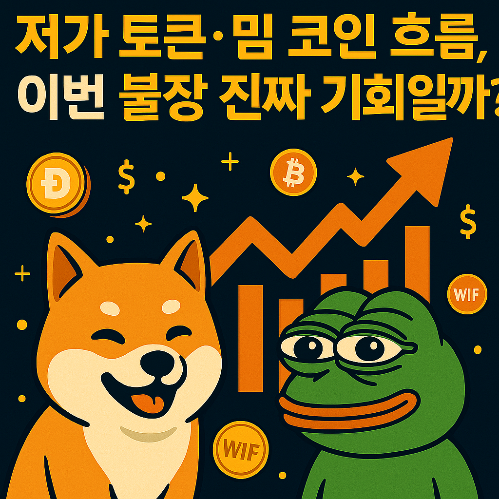 밈코인과 저가 토큰 상승장을 묘사한 시바견과 페페 캐릭터, 상승 그래프와 코인 아이콘 포함