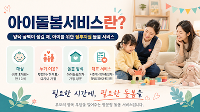 아이돌봄서비스 시간제&middot;영아종일제&middot;질병감염아동지원 대상 연령과 이용 조건을 설명하는 이미지