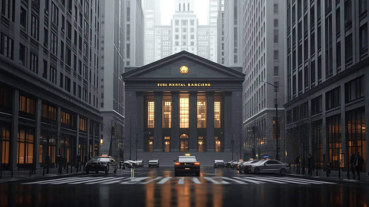 미래 지향적 건축물을 통해 경제적 안정성을 상징하는 금융가가 평화롭고 안정적인 분위기를 선사한다. 금융 안정성과 미래 발전이 조화롭게 보인다.