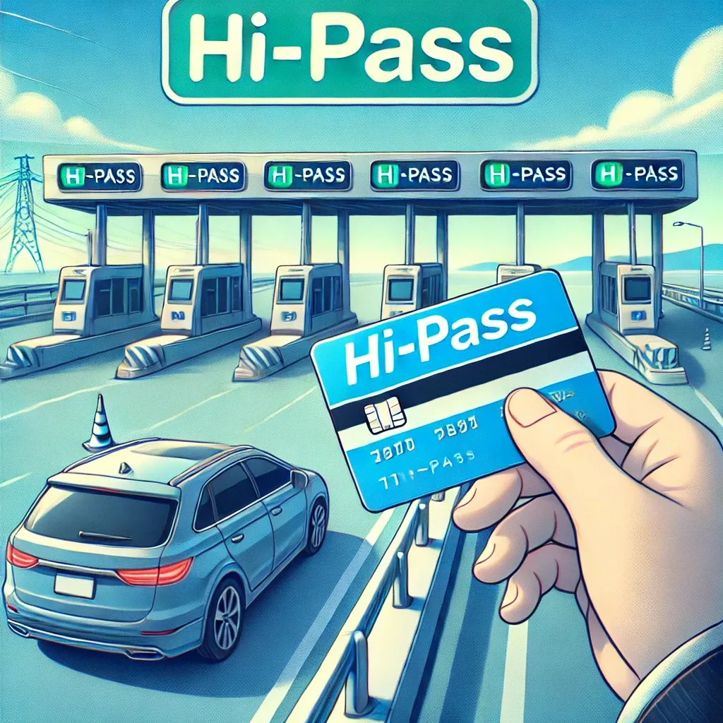 하이패스 카드를 차량 장치에 삽입하는 모습과 톨게이트 이미지
