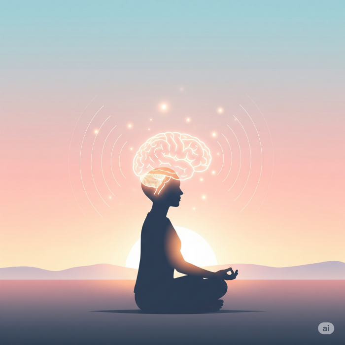 차분한 색감의 배경에서 한 사람이 명상을 하고 있으며, 머리 부분에서는 평화로운 에너지를 나타내는 빛이 나오고 있어 명상을 통한 마음의 안정을 시각적으로 표현합니다.