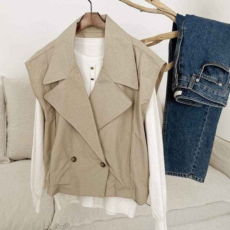 2col 여자 간절기 카라 크롭 더블버튼 트렌치 조끼 베스트 자켓