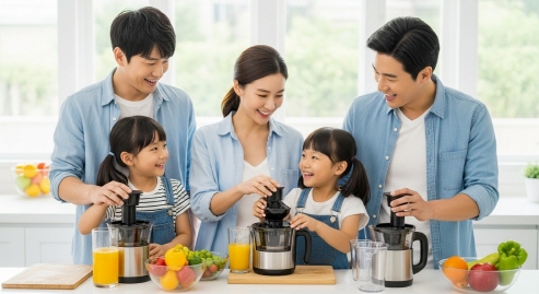 아이와 함께 주스를 만드는 모습