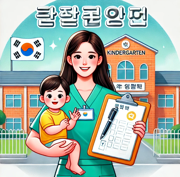 유아학비 지원금을 신청하는 학부모와 유치원 직원의 만남을 표현한 모습